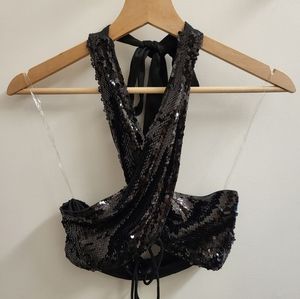 HOT & DELICIOUS SEQUIN WRAP HALTER TOP MEDIUM NEW with BEAR DANCE SKIRT BLACK